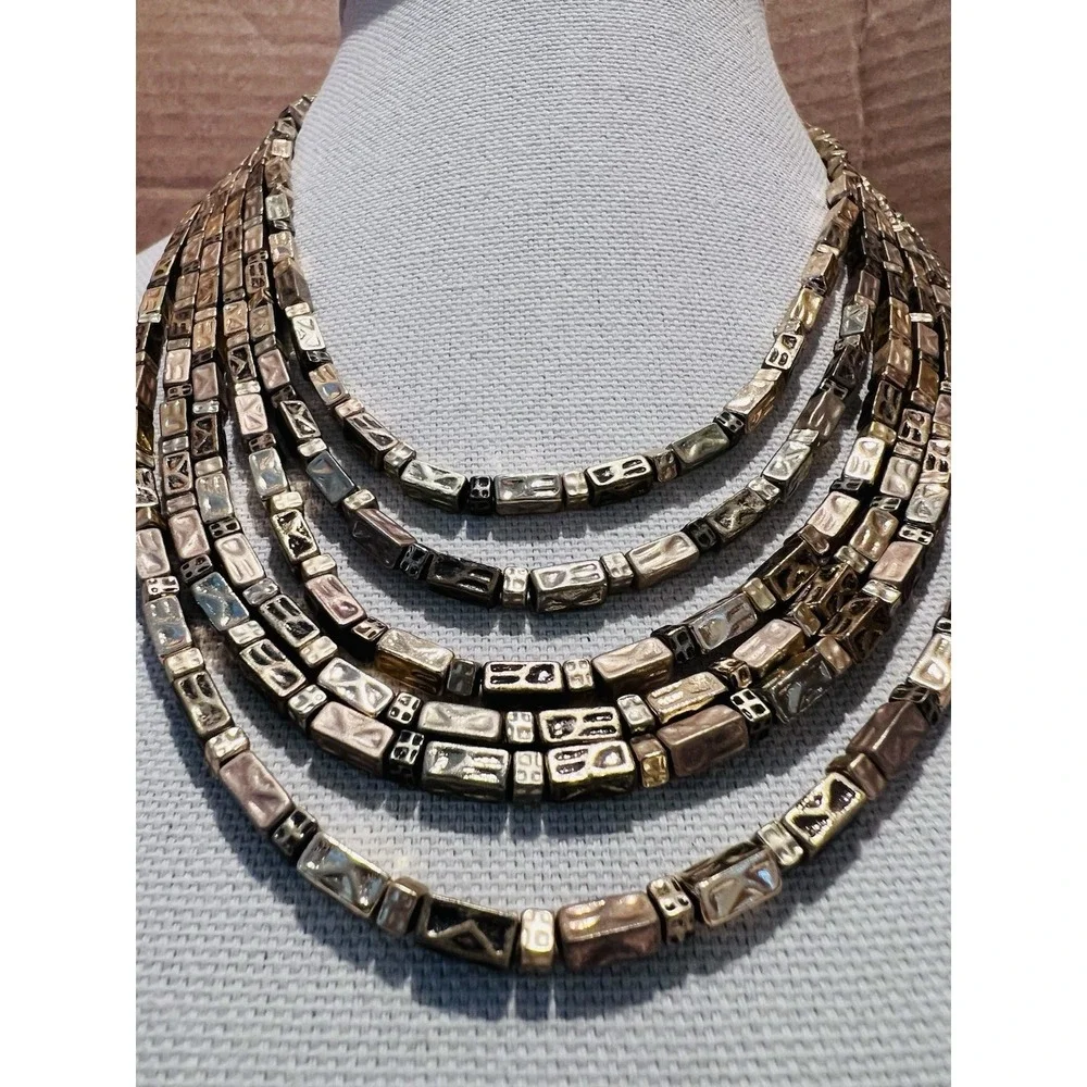 Chico's Vintage Gold Tone Multi Strand Statement Necklace Textured Block Bead